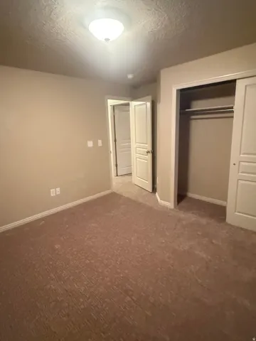 Recessed lighting, neutral wall paint, carpeted flooring, white trim, and a built-in closet with sliding doors