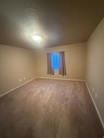 Recessed window with drapes, wall-to-wall carpeting, and a flush mount ceiling light fixture