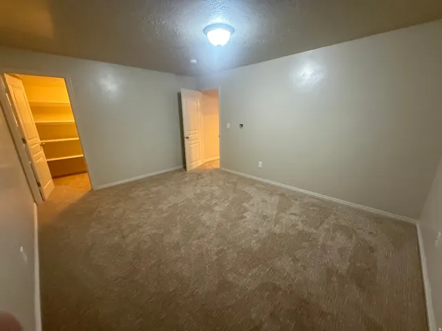 Wall-to-wall carpeting, overhead ceiling light fixture, white interior doors, and a built-in closet with shelving