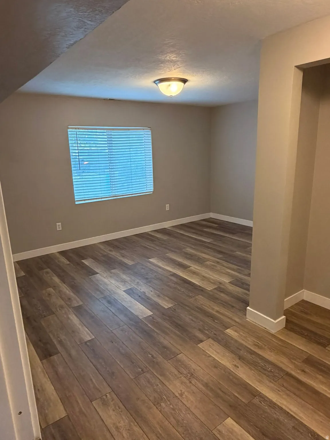 Interior space featuring wood-finish flooring, neutral wall paint, and white baseboards