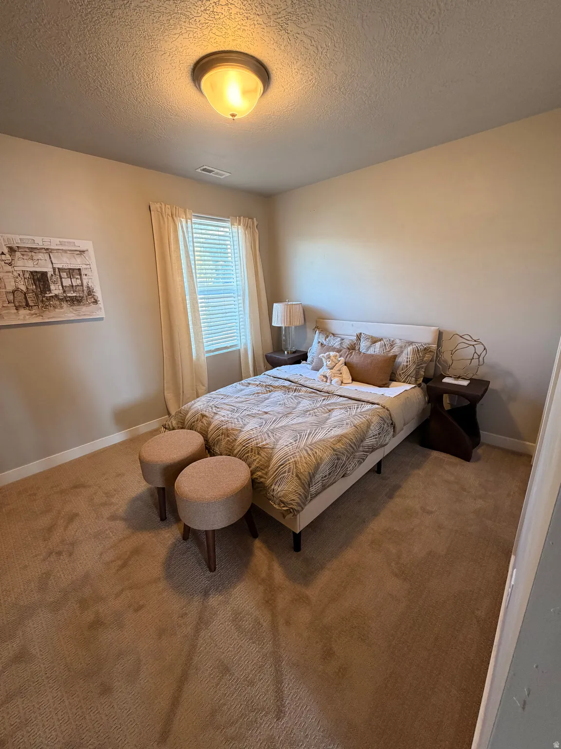 Neutral tone wall paint, textured ceiling, and light-filtering window treatments