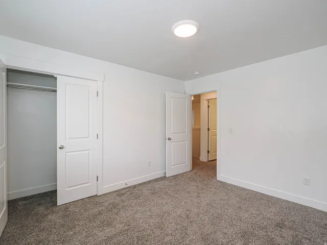 Room featuring plush gray carpeting, white walls, and a flush-mount ceiling light