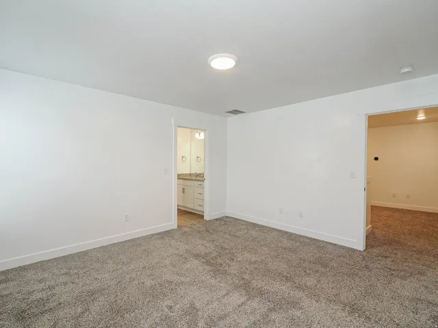Carpeted room with white walls, white trim, and a flush-mount ceiling light