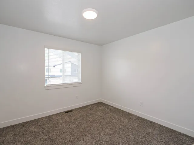 Bright interior space featuring a window with white blinds, neutral carpeting, white baseboards, and a flush-mount ceiling light fixture