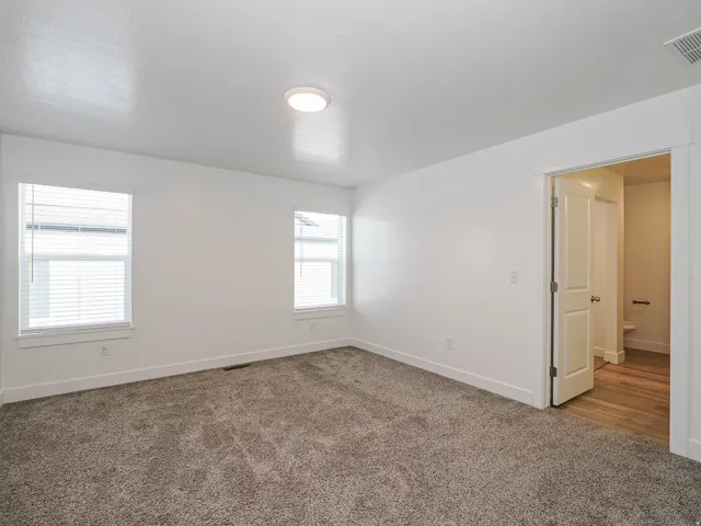 Room featuring light gray carpet flooring, white walls, two windows with blinds, and a flush mount ceiling light