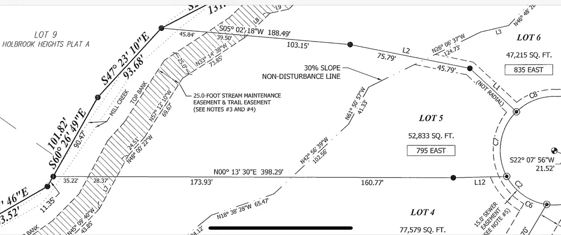 Plat Map. Illustrating lot dimensions, easements, and topographical features for the property