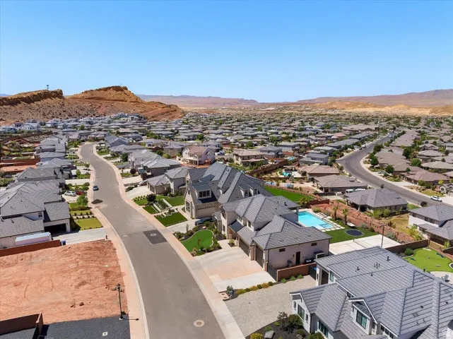 Panoramic aerial view of a residential neighborhood featuring diverse architectural styles and extensive landscaping
