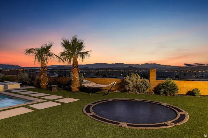 Expansive backyard featuring artificial turf, a built-in trampoline, and two mature palm trees