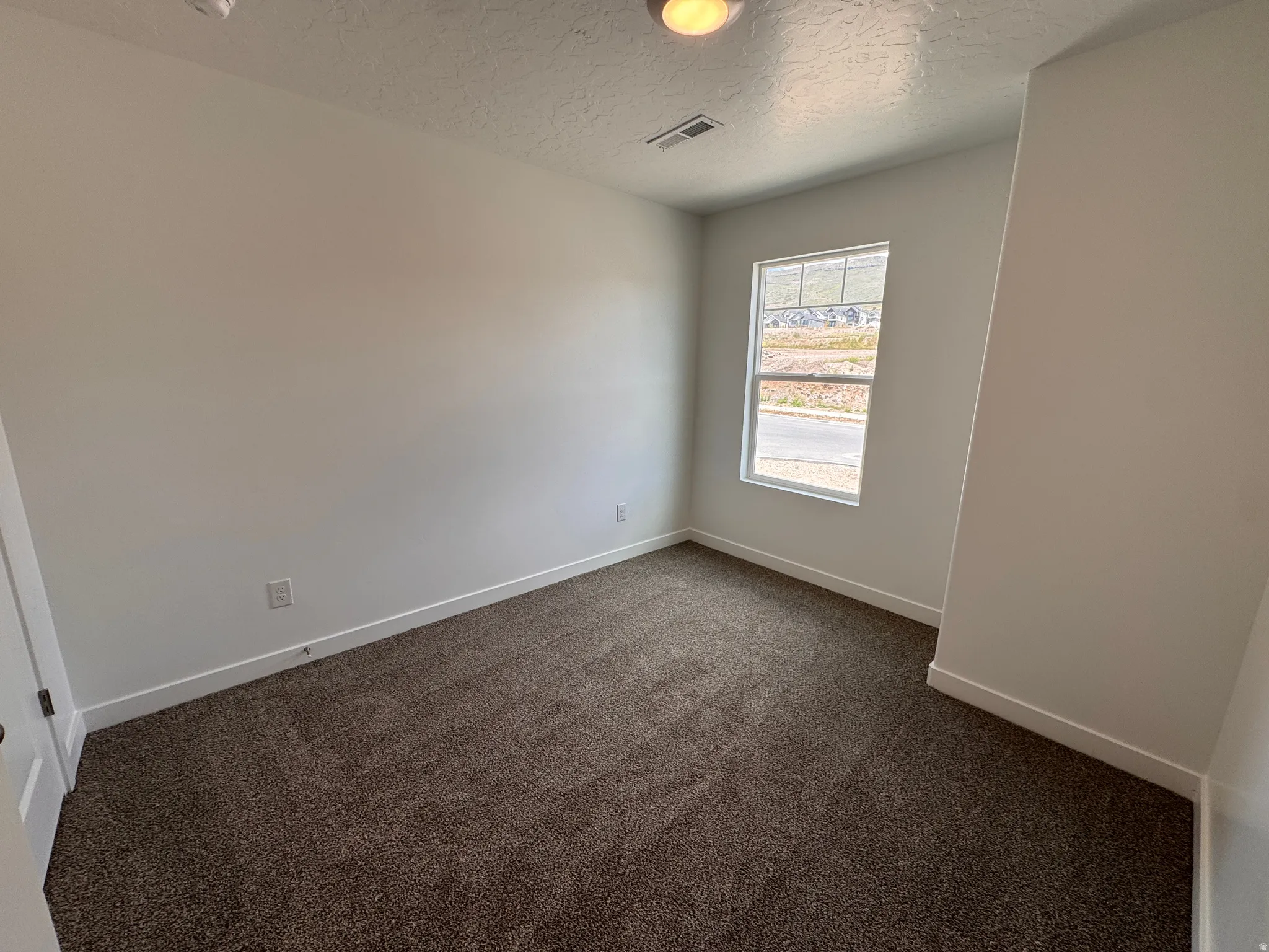 Room featuring neutral-toned walls, brown carpet flooring, and a single window with white trim
