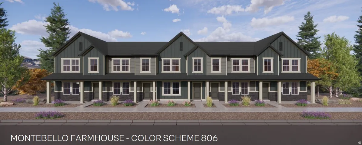 Modern farmhouse-style townhomes featuring dark gray siding, white window trim, covered front porches, and a dark shingle roof
