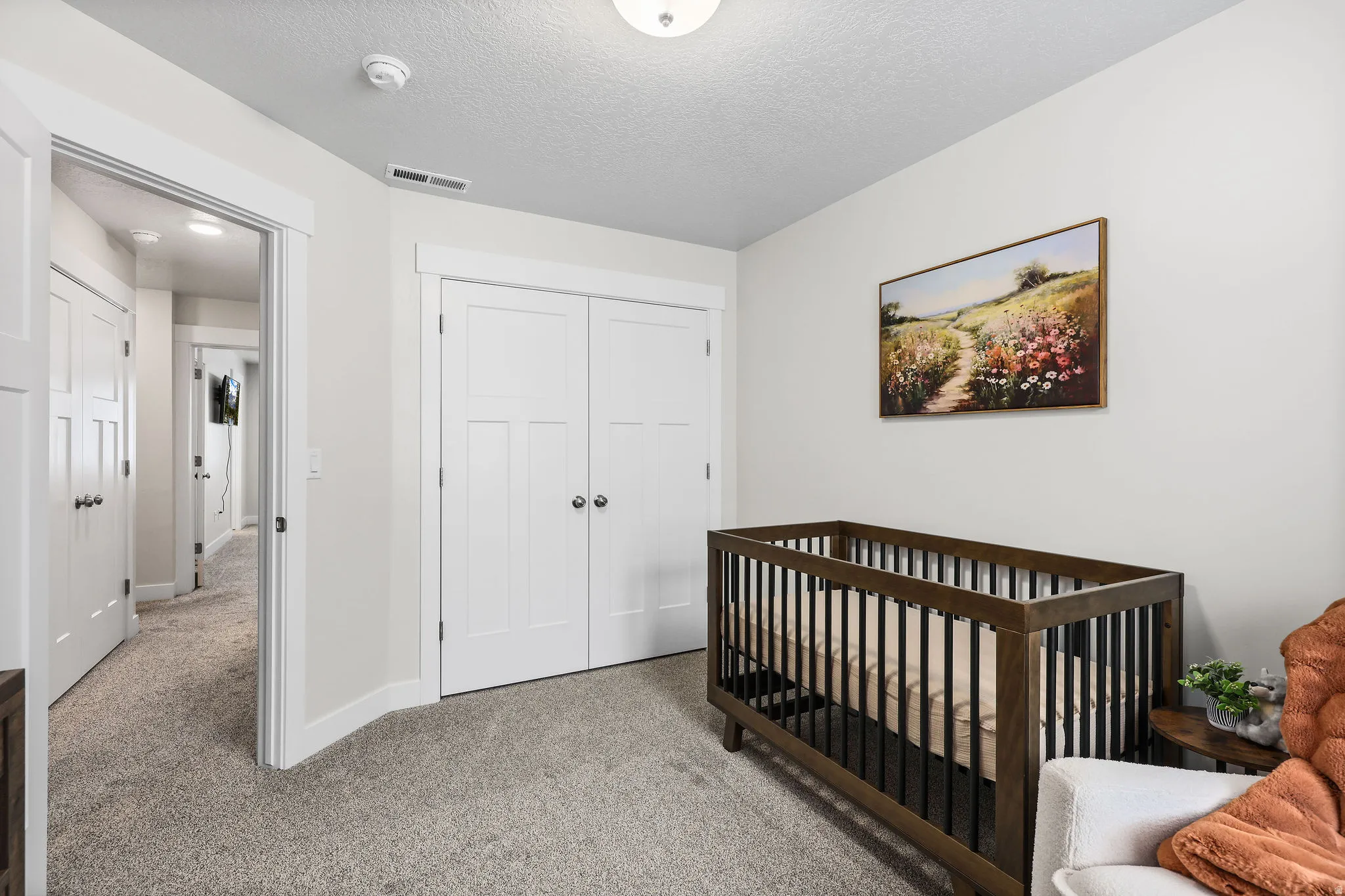 Plush carpeted flooring anchors this interior space featuring light-toned walls and crisp white trim