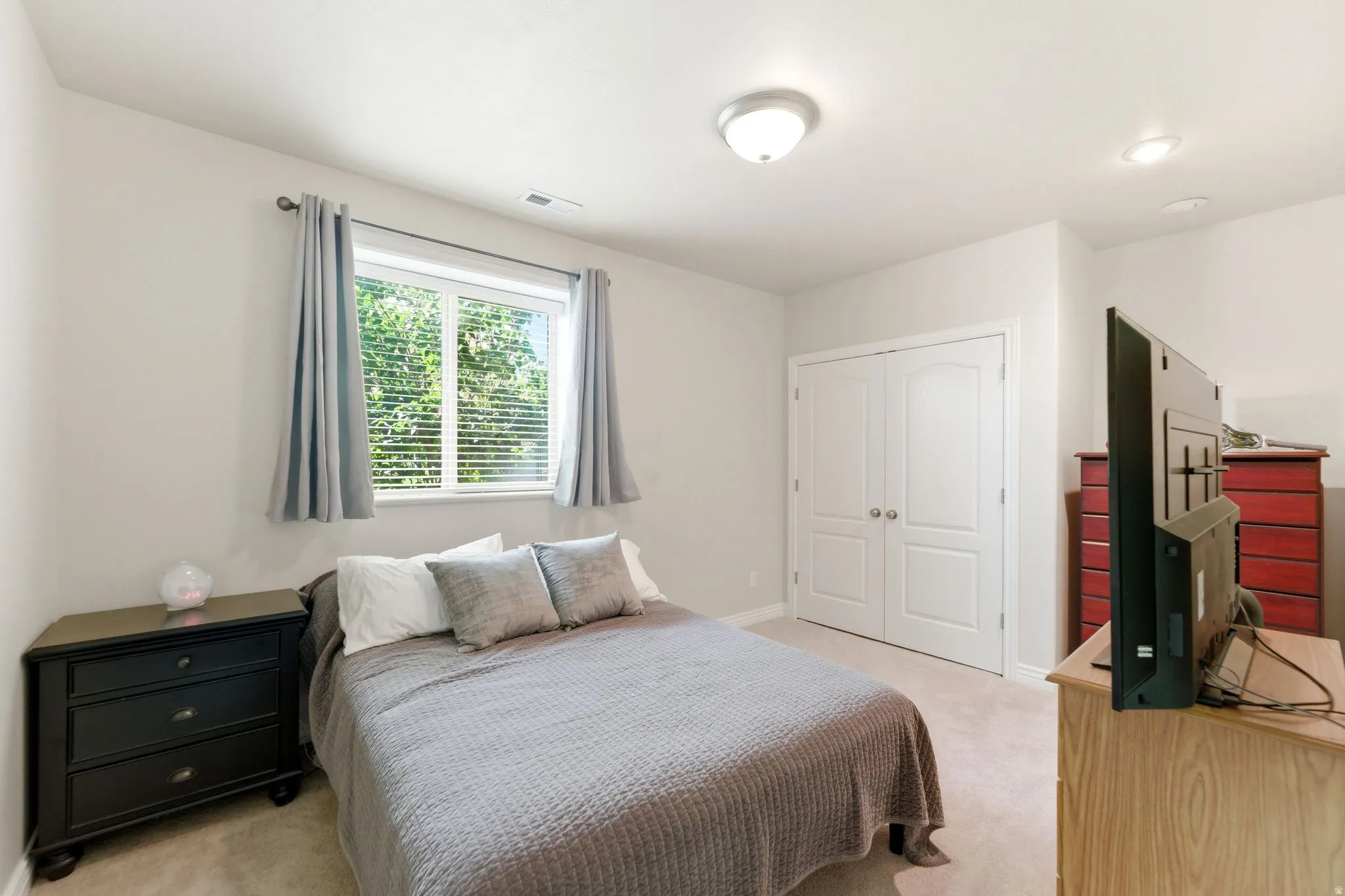 Carpeted bedroom featuring a double window with blinds, a double-door closet with arch detailing, and a flush-mount ceiling light