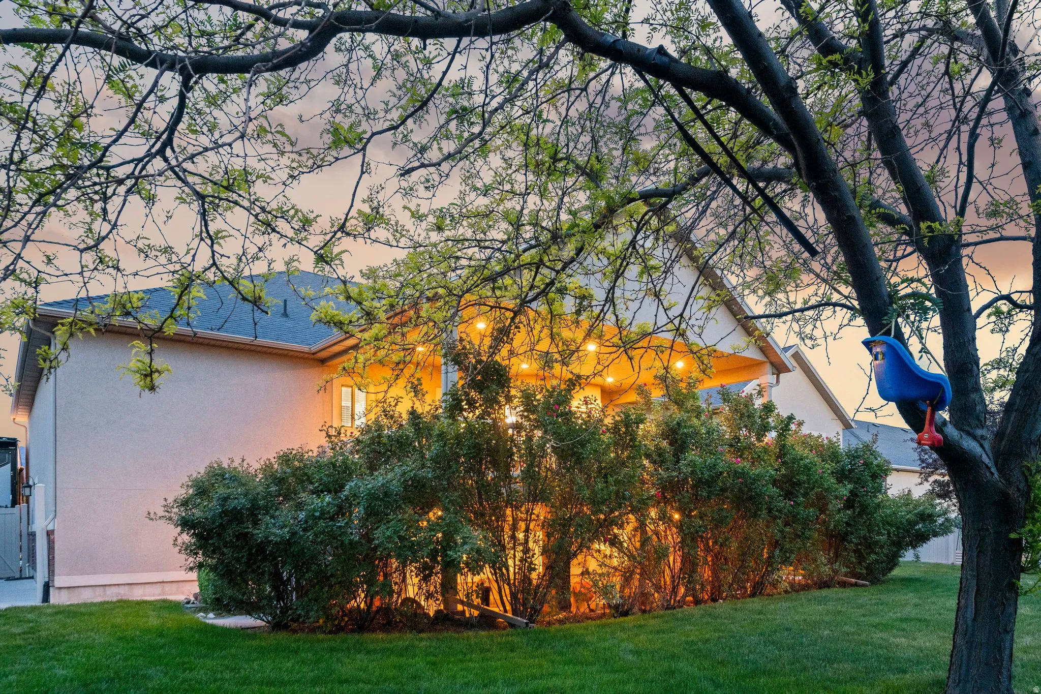 Expansive rear exterior featuring a covered patio with string lighting, stucco siding, and a dark shingle roof