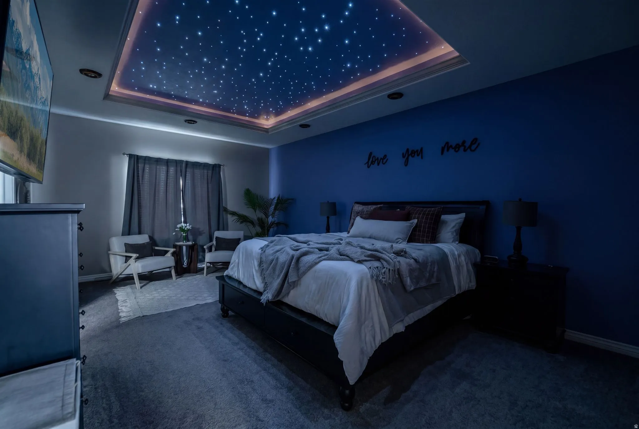 Tray ceiling with recessed lighting and fiber optic starfield, accent wall, and carpeting
