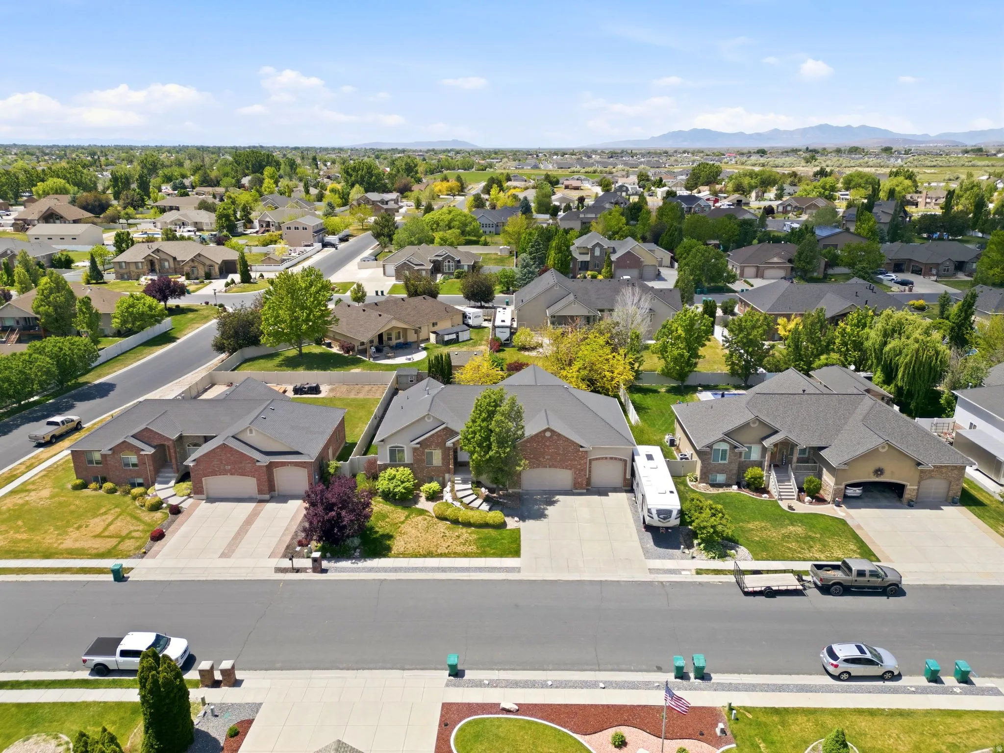 Aerial perspective showcasing a residential neighborhood with varied architectural styles