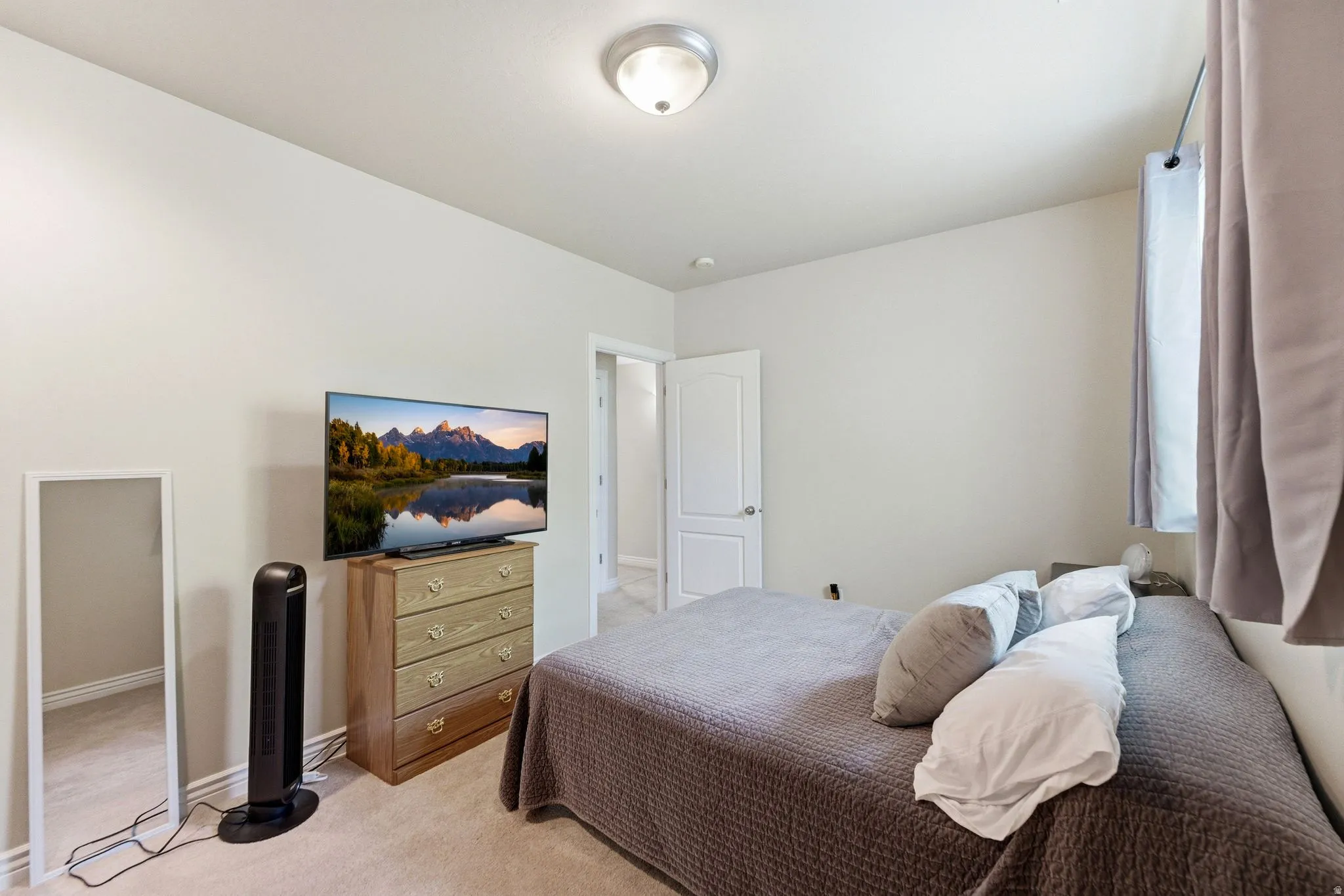 Carpeted bedroom featuring light-colored walls and a ceiling-mounted light fixture