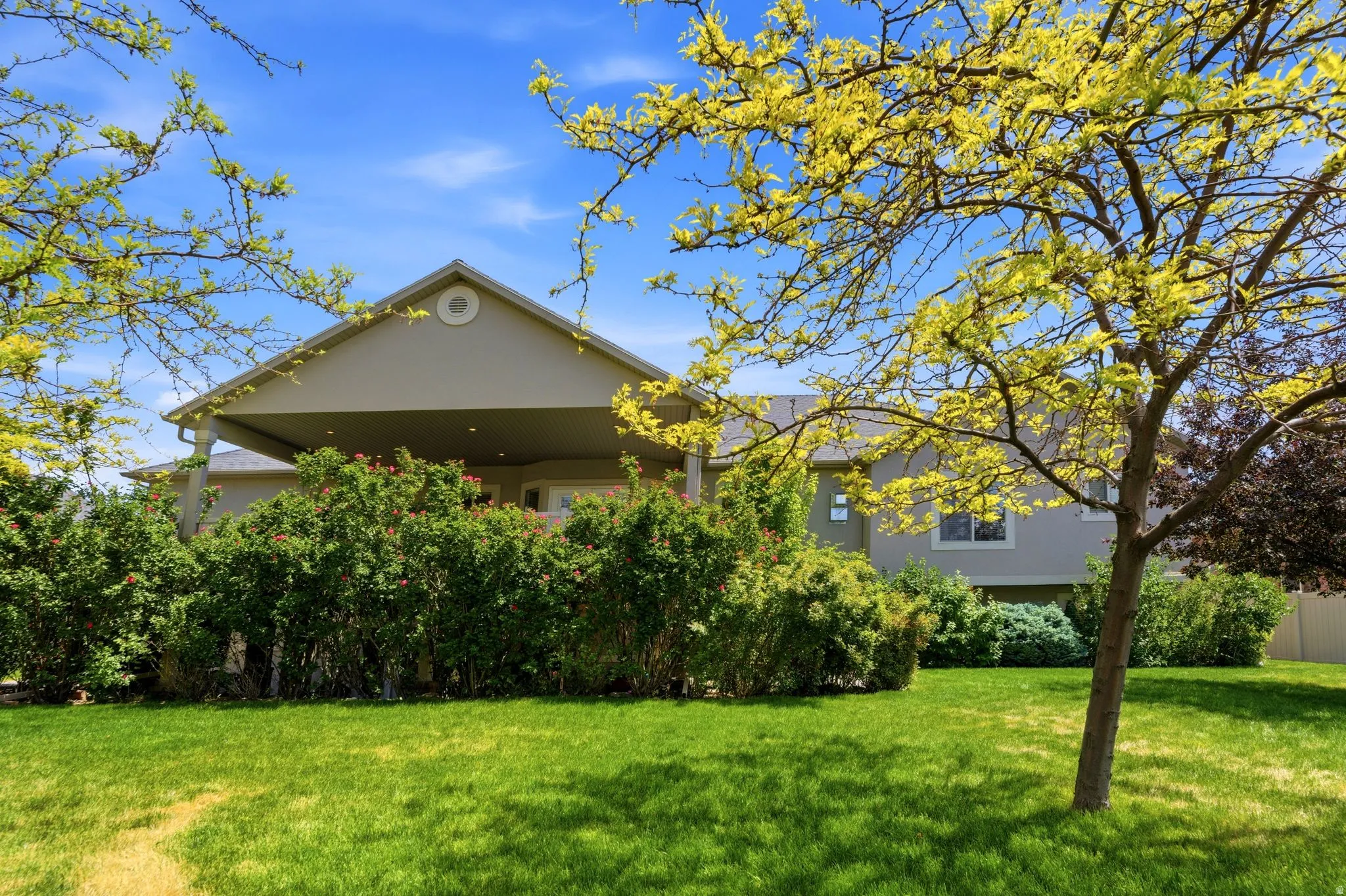 Expansive green lawn with mature trees and established shrubbery