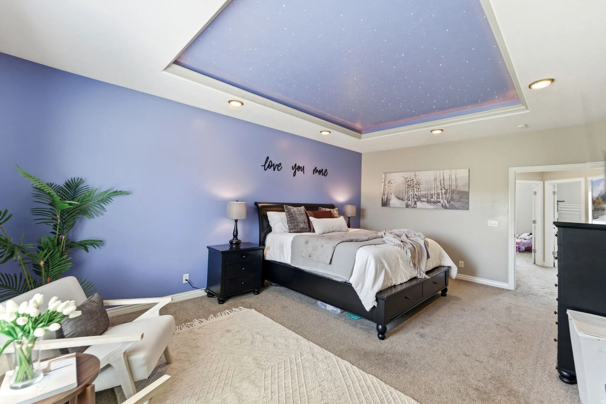 Recessed tray ceiling with a starry night finish