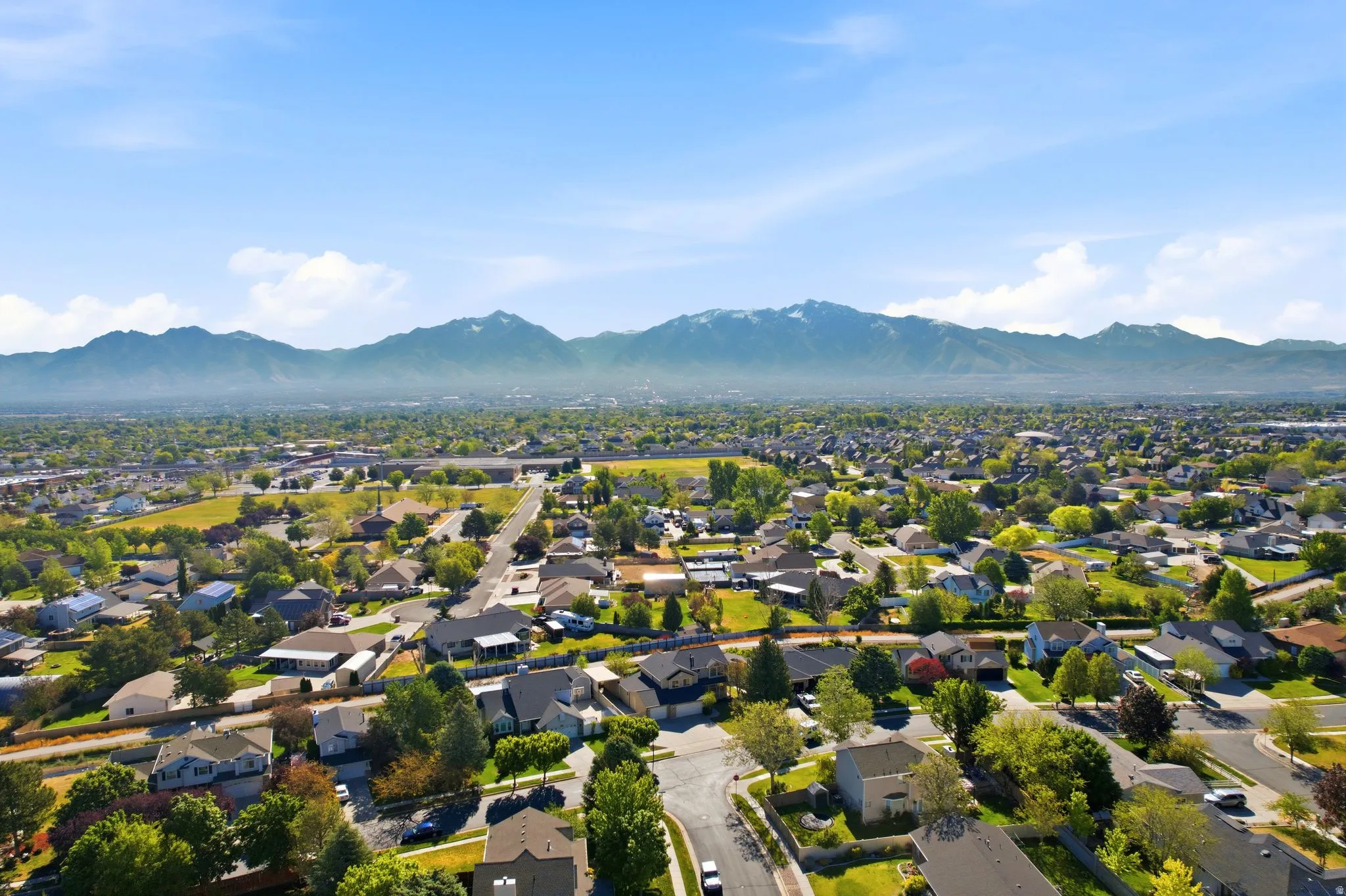 Expansive aerial perspective showcasing a residential area with lush green landscaping and mature trees