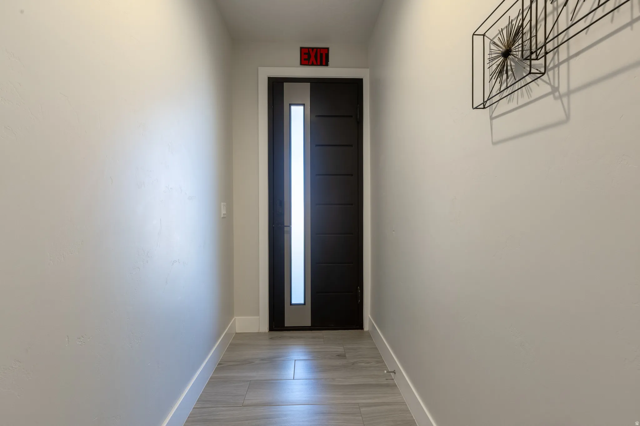 Modern black entry door featuring a vertical frosted glass panel