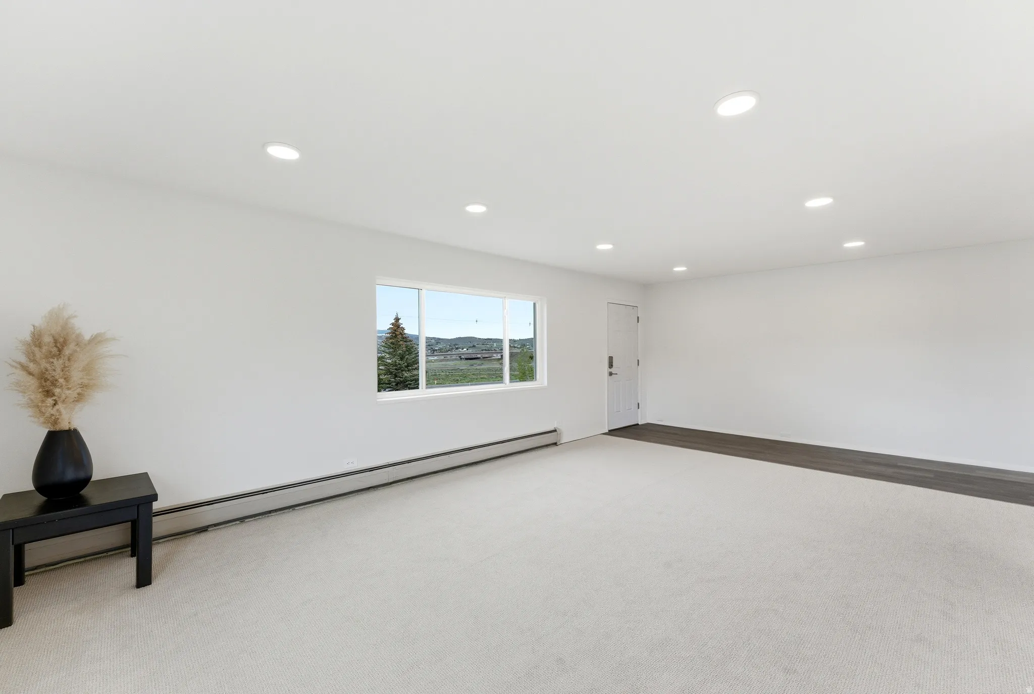 Spacious room featuring white walls, recessed ceiling lighting, and a combination of light-toned carpet and dark wood-finish flooring