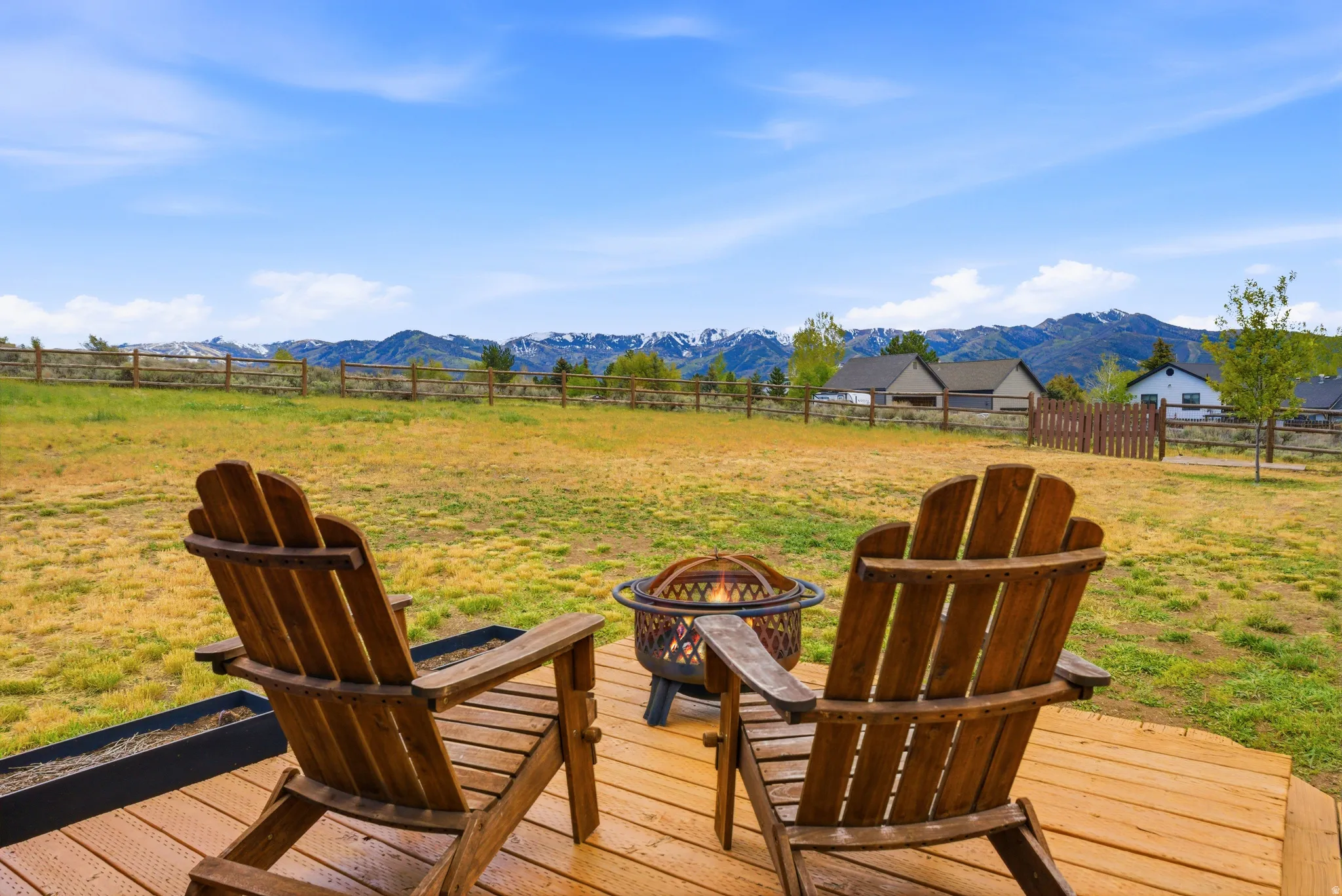 Expansive outdoor deck with wood-finish flooring