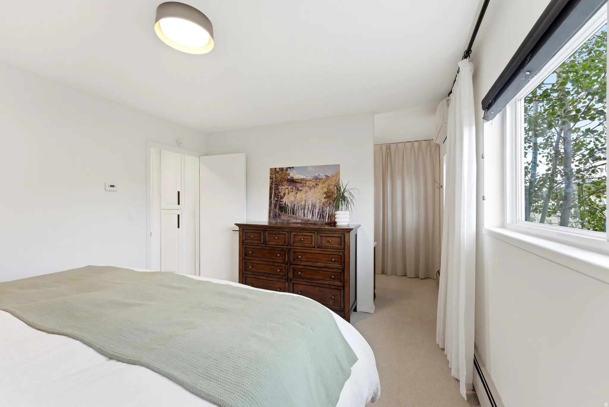 Carpeted room with a ceiling-mounted light fixture, white walls, and a window with a black roller shade