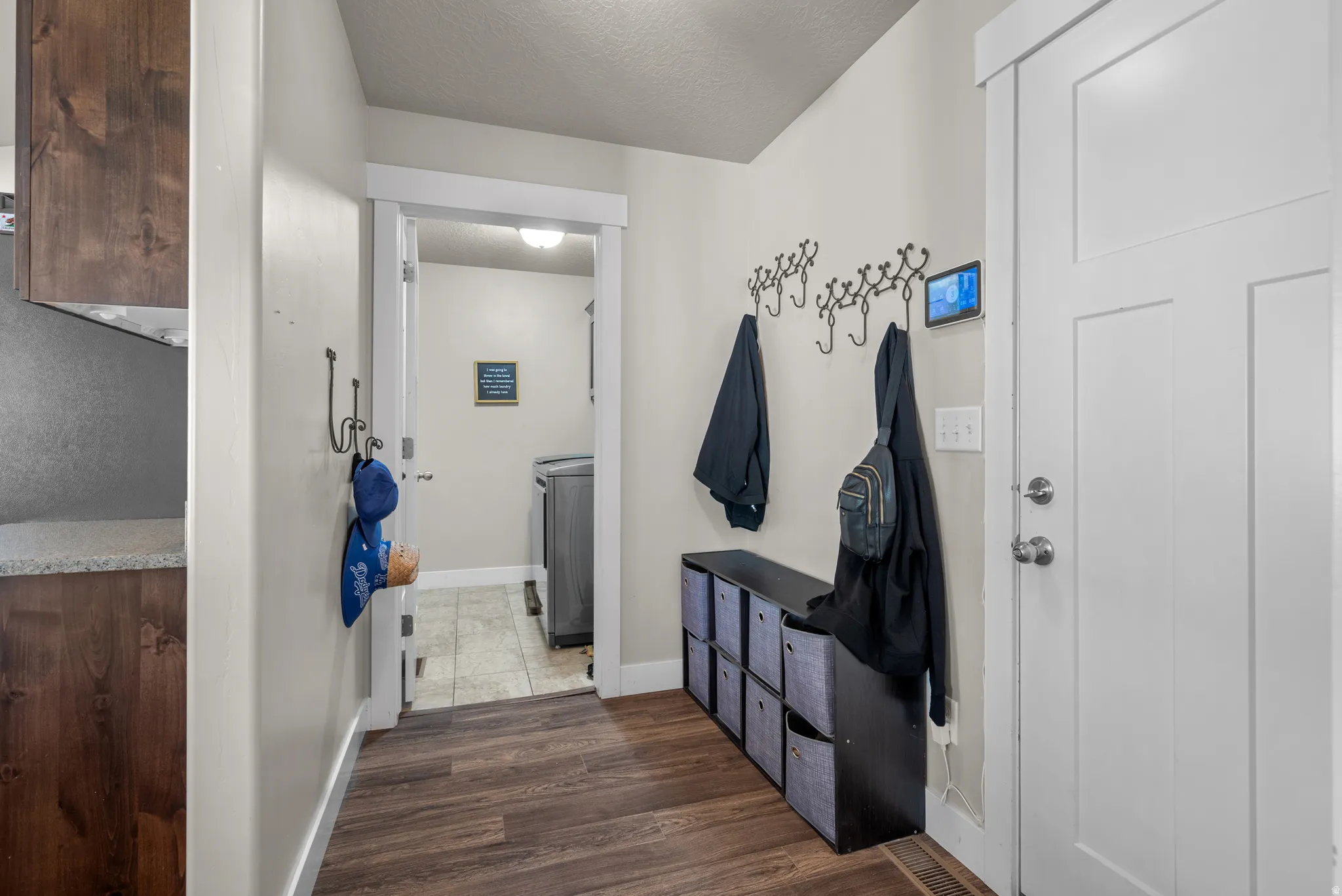 Entryway featuring wood-finish flooring and a white paneled door