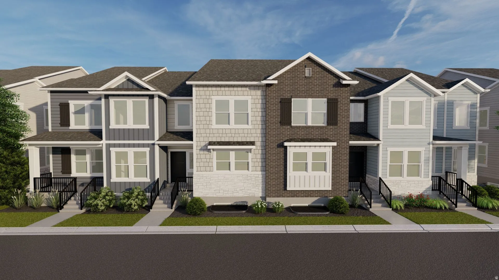 Modern townhome exteriors featuring varied siding materials including board and batten, horizontal siding, and brick accents