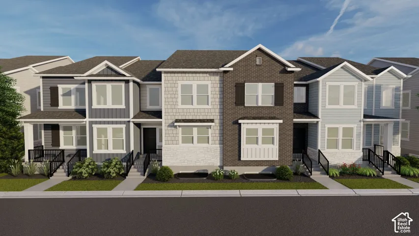 Modern townhome exteriors featuring varied siding materials including board and batten, horizontal siding, and brick accents