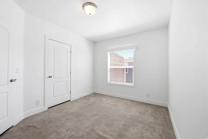 Neutral wall paint with carpet flooring, a single window with blinds, and two panel doors