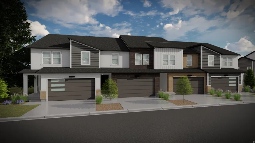 Contemporary townhome row featuring multi-textured facades, individual attached garages, and distinctive architectural accents