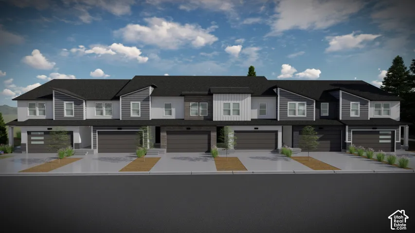 Modern townhome facade featuring a dark asphalt shingle roof, varied gray and white siding, individual garage doors, paved driveways, and minimalist landscaping