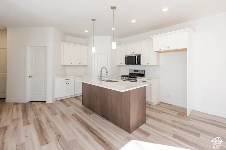 Kitchen featuring an island with a built-in sink, stainless steel appliances, white cabinetry, and wood-finish flooring