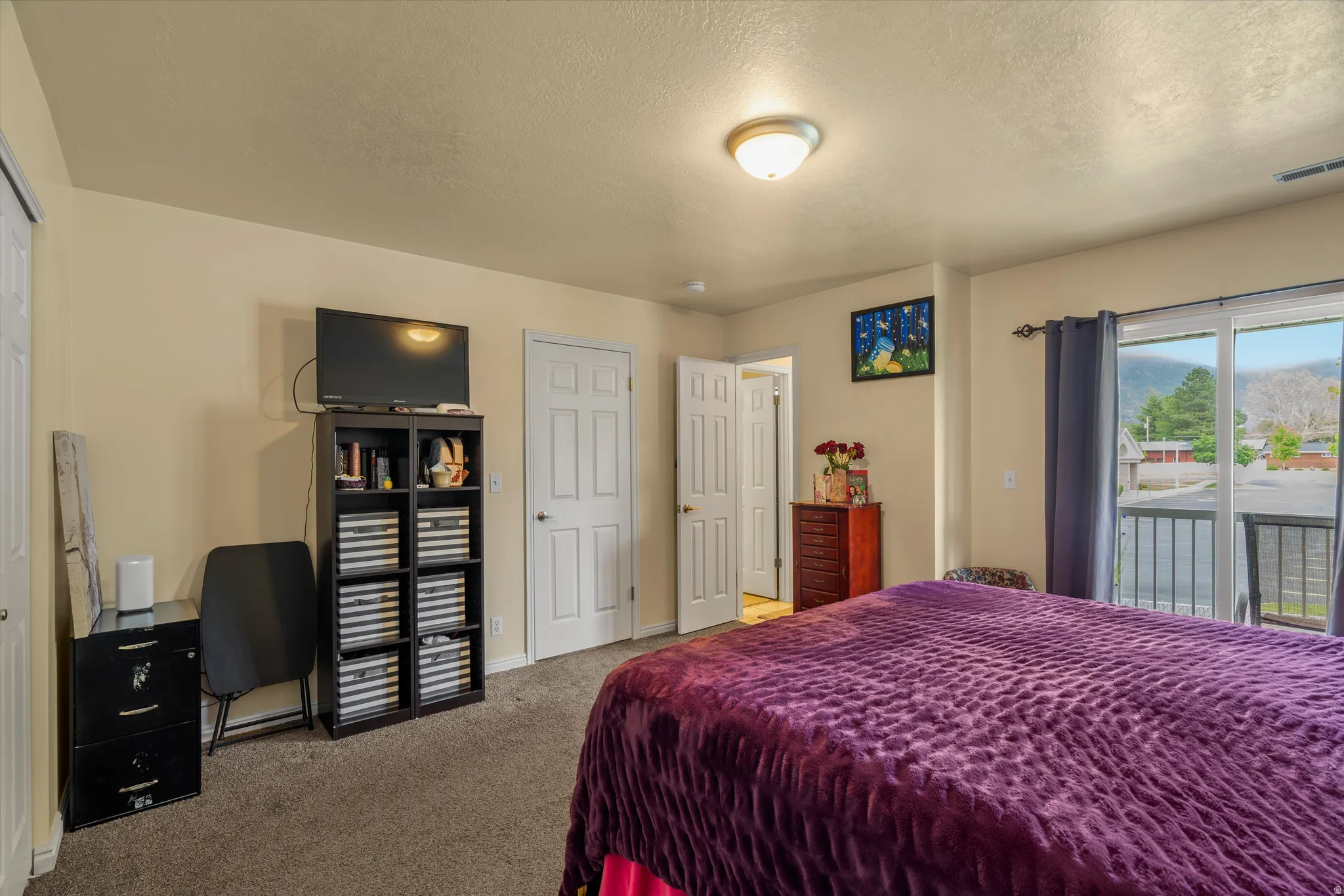 Interior room featuring light-colored walls and carpeted flooring