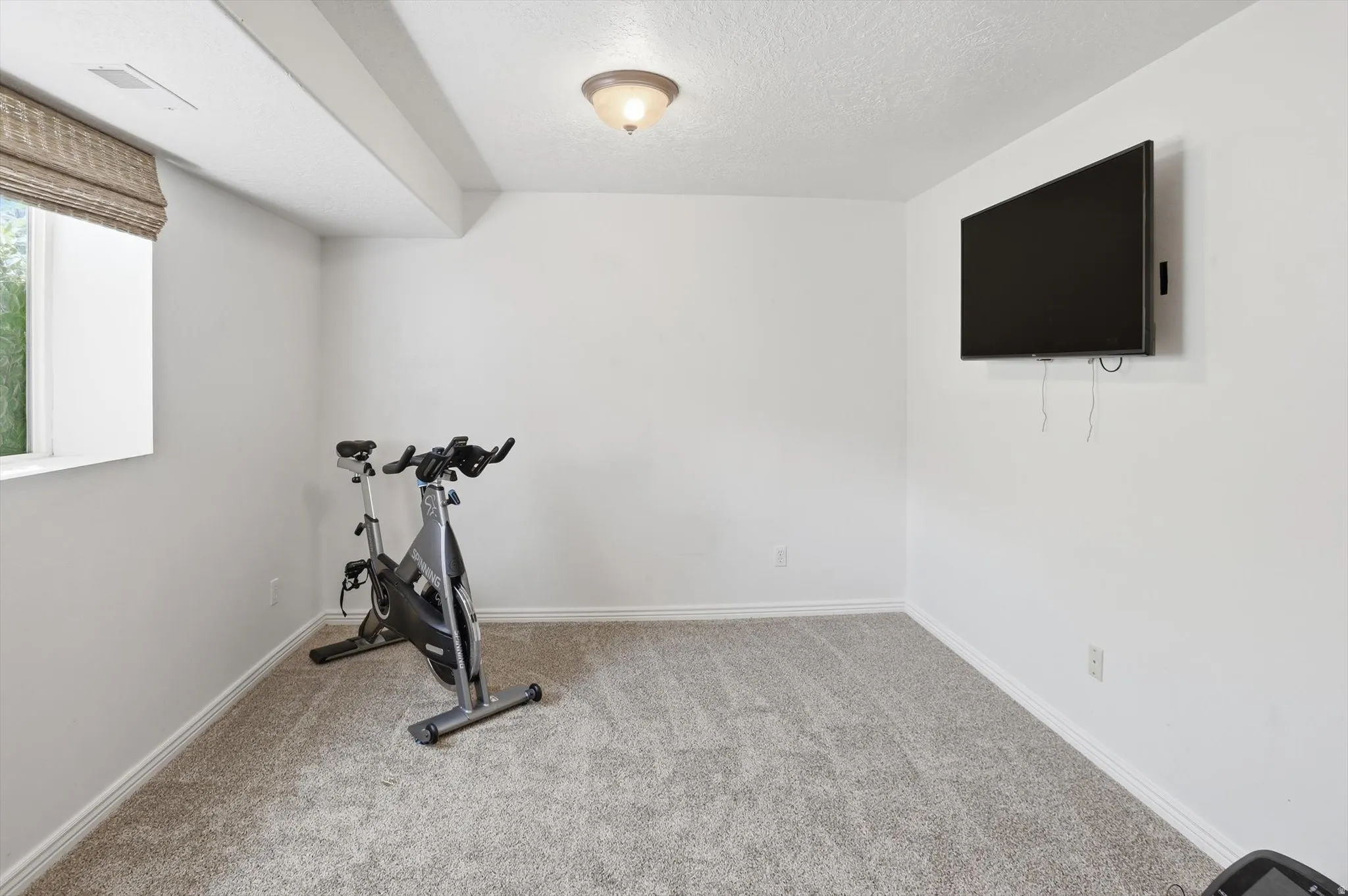 Carpeted room with white walls, recessed window with blinds, surface-mounted ceiling light fixture, and white baseboards