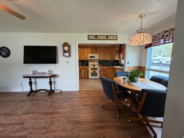Open-concept living area featuring wood-finish flooring and a ceiling fan