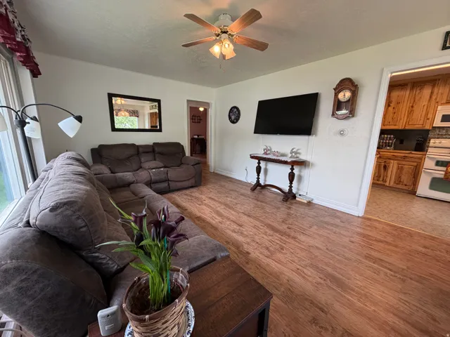 Living area featuring wood-finish flooring, a ceiling fan with integrated lighting, and a window with a valance