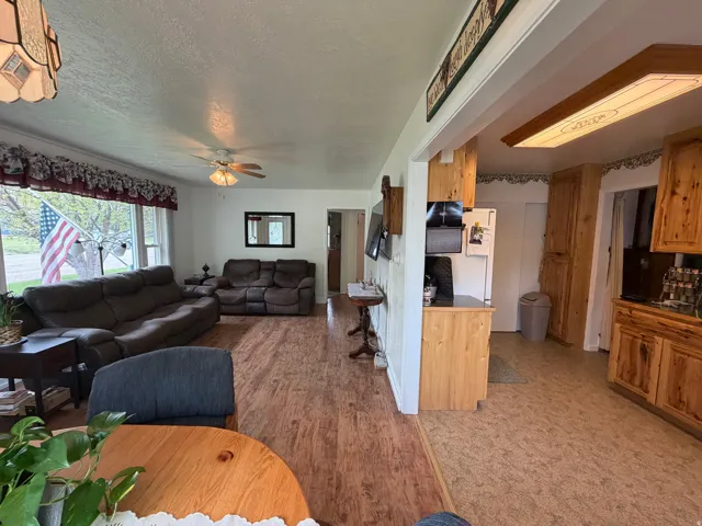 Living area featuring wood-finish flooring, a ceiling fan, and ample natural light from multiple windows