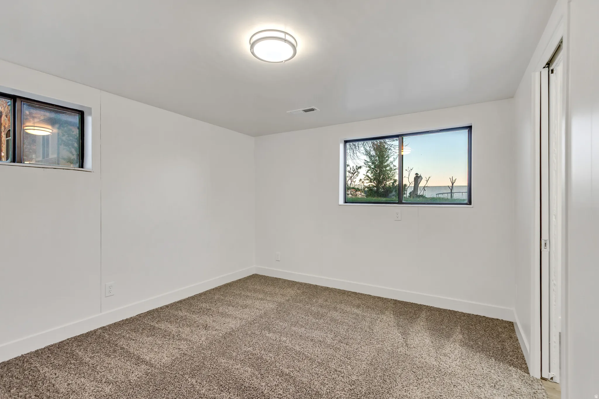 Carpeted room with white walls, a modern flush-mount ceiling light, and two windows providing natural illumination
