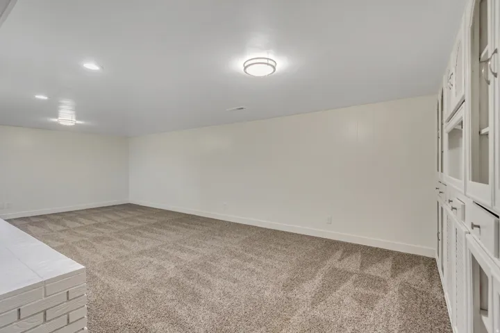 Spacious room featuring neutral carpet flooring, recessed lighting, and built-in cabinetry with glass panel doors