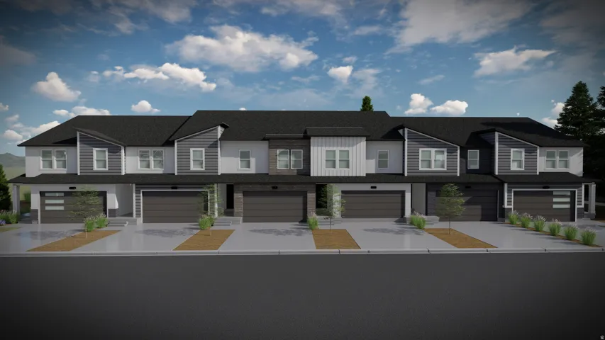 Modern townhome facade featuring a dark asphalt shingle roof, varied gray and white siding, individual garage doors, paved driveways, and minimalist landscaping
