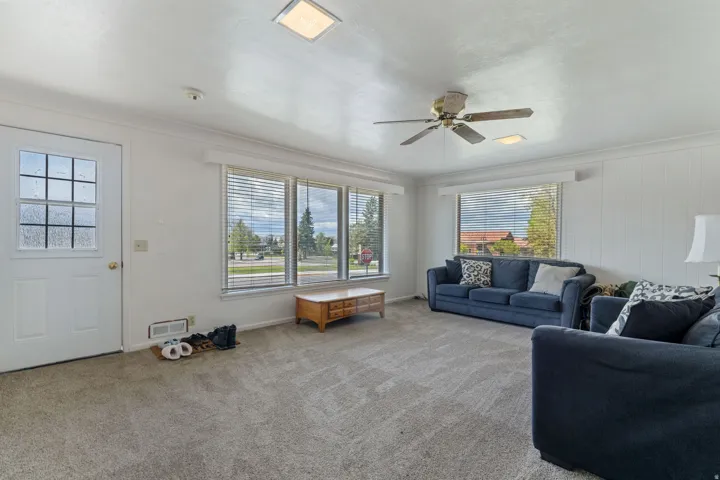 Carpeted living area featuring multiple windows with horizontal blinds, a white paneled accent wall, and a ceiling fan with integrated lighting
