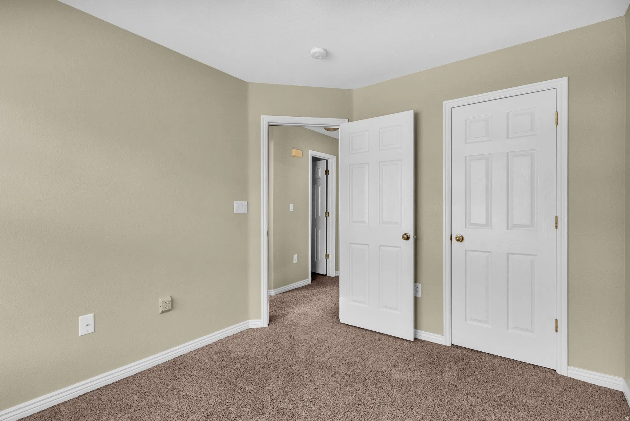 Neutral-toned walls complement the brown carpeted flooring