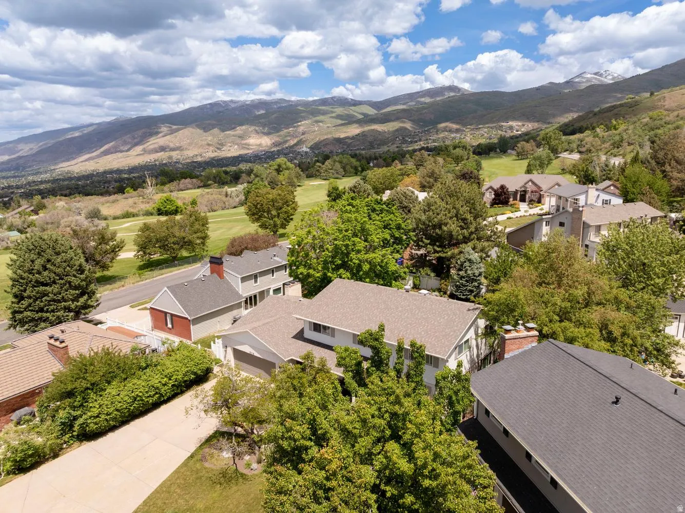 Aerial perspective showcasing a residential area with mature trees and mountain scenery