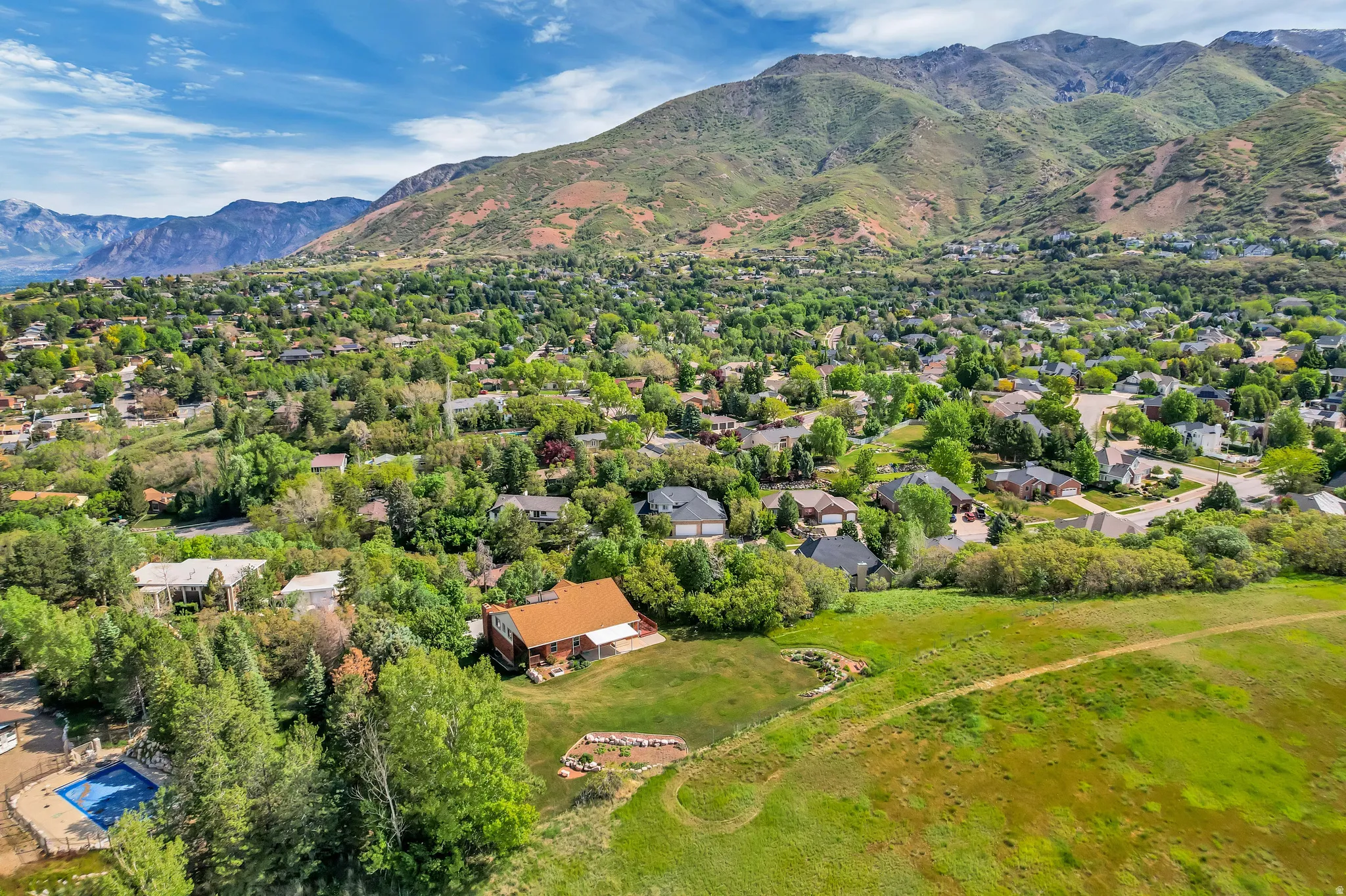 Expansive mountain backdrop with a residential community featuring a variety of home styles, mature trees, and an in-ground swimming pool