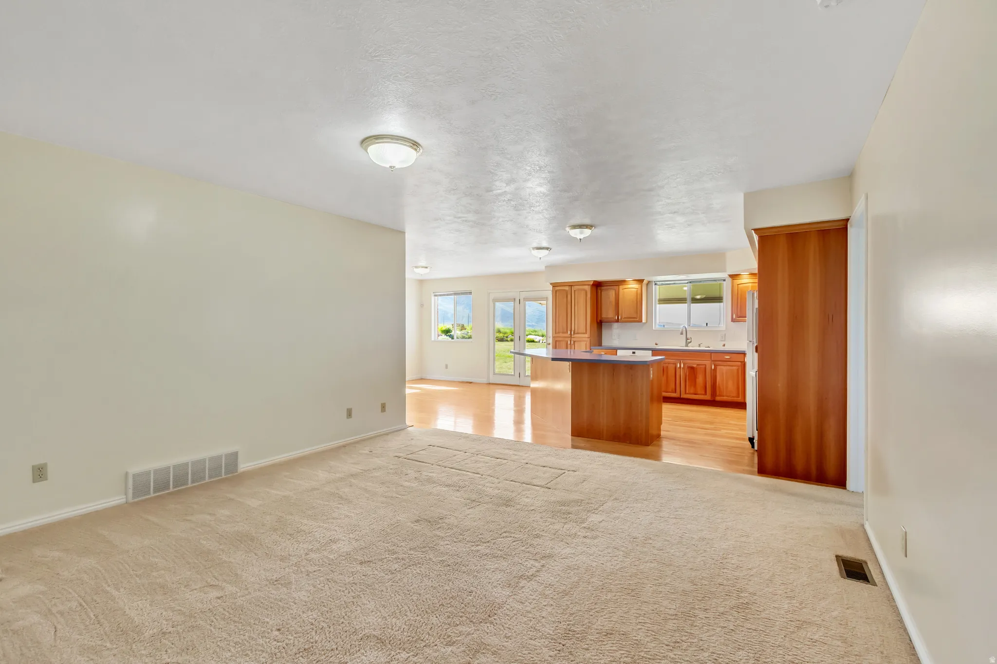 Open-concept living space featuring neutral-toned carpeting, flush-mount ceiling lighting, and a kitchen area with wood cabinetry