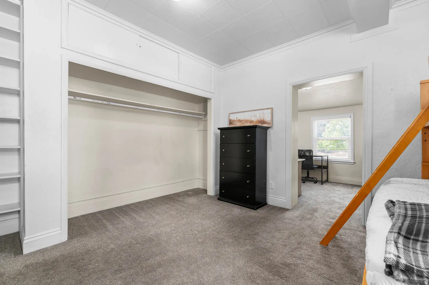 Room with light gray carpeting and white painted walls