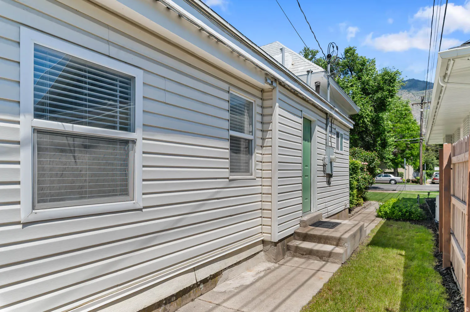 Siding exterior featuring multiple windows with blinds, a green entry door, concrete steps, and a narrow grass pathway