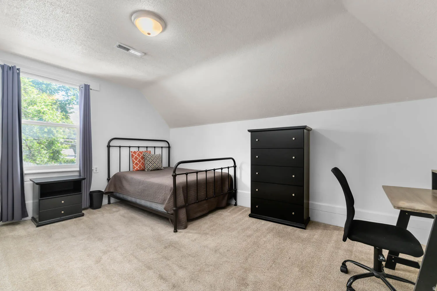 Carpeted room with a pitched ceiling and a multi-pane window